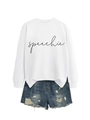 Detail of white crewneck sweatshirt with speechie print and distressed denim shorts - S / Tops / White (Black Font)