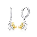 Detailed view of silver hoop earrings featuring a girl hugging a gold-plated cat pendant - Silver and Gold Cat Hoop Earrings