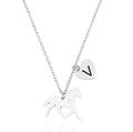 Collana d'argento in acciaio con ciondolo a cavallo e cuore con incisione della lettera V - Lettera V
