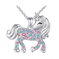Einhorn-Halskette mit bunten Strasssteinen an einer polierten silberfarbenen Kette - Kronen-Einhorn-Halskette / Silber