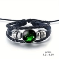 Mehrlagiges schwarzes Lederarmband Widder-Sternzeichen mit grünem Glaskugel-Anhänger - Widder
