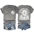 Detailed front and back views of gray cotton t-shirt with beach skull slogan print - S / Dark Grey (White Graphic)