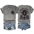 Front and back detail of gray T-shirt with palm trees and skull graphic prints - S / Dark Grey (Black Graphic)