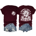 Detailed front and back views of a dark burgundy crew neck T-shirt with graphic prints - Wine Red (White Graphic)