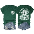 Front and back view of green T-shirt with Nobody Likes a Shady Beach print and denim shorts - Retro Green (White Graphic)