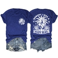Detail view of double-sided print on blue t-shirt with nobody likes a shady beach text - Retro Blue (White Graphic)