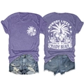 Front and back view of purple T-shirt with palm tree print and Nobody Likes a Shady Beach text - Purple (White Graphic)