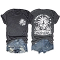 Detail of trendy gray T-shirt with palm tree print and distressed denim shorts set - Dark Heather Grey (White Graphic)