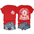 Front and back detail of graphic t-shirt with palm tree skull and shady beach print - Red (White Graphic)