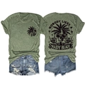 Flat lay of olive green t-shirt with skull beach print and distressed denim shorts - Olive Green (Black Graphic)