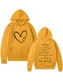 Detail view of mustard yellow hoodie with Let Them slogan and heart print back and front - Yellow