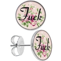 Hip hop stijl Fuck Off ronde glazen oorknopjes met bloemmotief in zilveren afwerking - Roze Bloemen Fuck Stijl (Stijl 1)