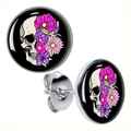 Detail of gothic silver stud earrings featuring half-skull and colorful floral designs - Skull & Floral
