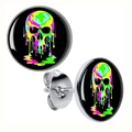 Detail view of gothic skull earrings with vibrant neon melting colors on polished metal - Colorful Melting Skull