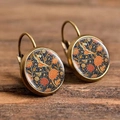 Detail of vintage pink rose floral pattern earrings with French lever-back hooks - Vintage Botanical Floral