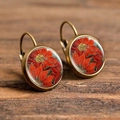 Vintage bronze drop earrings featuring artistic pink rose flower patterns on wood - Retro Red Floral