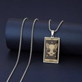 Detail of silver Tarot Death card necklace with cat skull pendant and box chain - Death