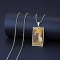 Detail of The Lovers tarot card pendant with cat illustration on stainless steel necklace - The Lovers