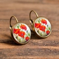 Vintage bronze leverback earrings with red poppy flower glass cabochon inserts - Red Poppy