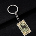 Close-up of The World tarot keychain featuring a black cat design on stainless steel - The World
