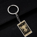 Macro shot of stainless steel keychain featuring Death tarot card with cat skull design - Death