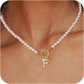 Elegant pearl necklace with golden OT clasp and iced-out letter F pendant - Gold F