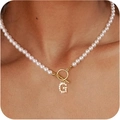 Lustrous pearl necklace featuring a gold OT clasp and a sparkling zircon letter G pendant - Gold G
