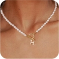 Pearl necklace with gold OT buckle and pavé rhinestone letter H pendant for women - Gold H