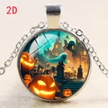 Halloween pumpkin and ghost illustration round pendant necklace with silver frame - Pumpkin Ghost Castle (款式1)