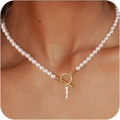Elegant white pearl necklace featuring a gold OT clasp and a sparkling zircon bar pendant - Gold I