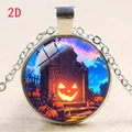 Halloween pumpkin jack-o-lantern ghost round pendant necklace with silver chain jewelry - Hand-painted Pumpkin Graveyard (款式-17)