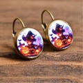 Detail of vintage bronze Halloween earrings featuring cute wizard girl and pumpkin art - Girl in Witch Hat with Pumpkin Ghost (Style-26)