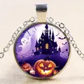 Macro shot of Halloween necklace detail featuring pumpkin, ghost, and bat on round pendant - Purple Castle Bat (款式-2)
