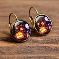 Detail of Halloween drop earrings featuring cartoon pumpkin and ghost glass cabochon art - Anime Little Witch & Jack-o'-lantern (Style-21)