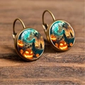 Detail of vintage bronze Halloween earrings featuring pumpkin and castle illustrations - Eerie Castle Ghost Jack-o'-Lantern (Style-20)