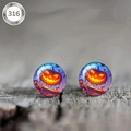 Detailed close-up of 316 stainless steel Halloween pumpkin stud earrings on wood - Pumpkin Lantern Close-up (款式-21)