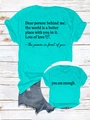 Detail of teal cotton T-shirt featuring 'you are enough' front print and back text - Teal (Black Font)