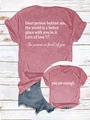 Flat lay of a red slogan t-shirt with back text and distressed blue denim shorts set - Peach (White Font)