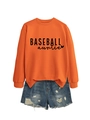Detail of orange Baseball Auntie sweatshirt paired with distressed blue denim shorts - Orange Sweatshirt (Black Font)
