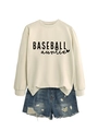 Detail of baseball auntie sweatshirt with heart print and distressed denim shorts - Sand Sweatshirt (Black Font)