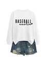 Detailed flat lay of white crewneck sweatshirt with Baseball Auntie print and denim shorts - White Sweatshirt (Black Font)