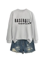 Detail of grey Baseball Auntie crewneck sweatshirt and distressed denim shorts - Grey Sweatshirt (Black Font)