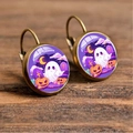 Halloween drop earrings with cartoon ghost and pumpkin on rustic wooden base - Chibi Ghost Pumpkin Purple Night Sky (Style 11)