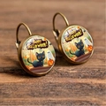 Detailed close-up of bronze Halloween earrings with ghost and pumpkin glass cabochon - Black Cat White Ghost Pumpkin Style (Style 8)