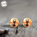 316 stainless steel Halloween stud earrings with black cat and pumpkin glass cabochons - Big Eyed Black Cat Pumpkin (款式-7)