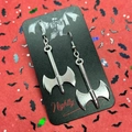 Gothic silver battle axe earrings on a black gargoyle card with bat background - Axe