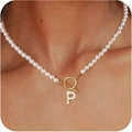 Lustrous pearl necklace with gold OT buckle and diamond-encrusted letter P pendant - Gold P