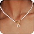 Lustrous pearl necklace with gold OT buckle and crystal-studded letter Q pendant - Gold Q