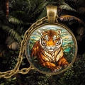 Vintage bronze tiger pendant necklace featuring artistic glass gem in tropical jungle theme - Artistic Tiger Style (Style 5)
