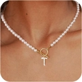 Lustrous white pearl necklace with gold OT buckle and iced out letter T pendant - Gold T